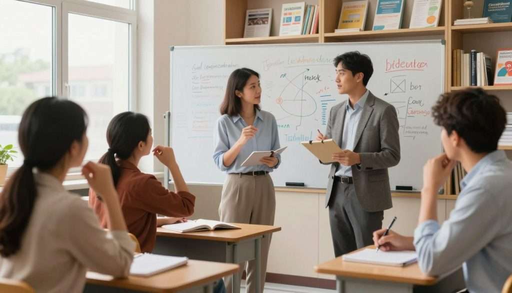 A dynamic classroom scene illustrating active learning strategies. In the foreground, a diverse group of three students actively engaged in role-playing: one student, wearing professional business attire, is explaining a concept to the others, who are taking notes and asking questions. The middle ground features a large whiteboard filled with colorful diagrams and keywords related to teaching techniques. The background shows shelves filled with educational materials and a window letting in natural light, creating a bright atmosphere. The lighting is warm and inviting, emphasizing collaborative learning. The image captures the essence of interaction and engagement, conveying a sense of enthusiasm and focus in the teaching exercise. A dynamic classroom scene illustrating active learning strategies. In the foreground, a diverse group of three students actively engaged in role-playing: one student, wearing professional business attire, is explaining a concept to the others, who are taking notes and asking questions. The middle ground features a large whiteboard filled with colorful diagrams and keywords related to teaching techniques. The background shows shelves filled with educational materials and a window letting in natural light, creating a bright atmosphere. The lighting is warm and inviting, emphasizing collaborative learning. The image captures the essence of interaction and engagement, conveying a sense of enthusiasm and focus in the teaching exercise.