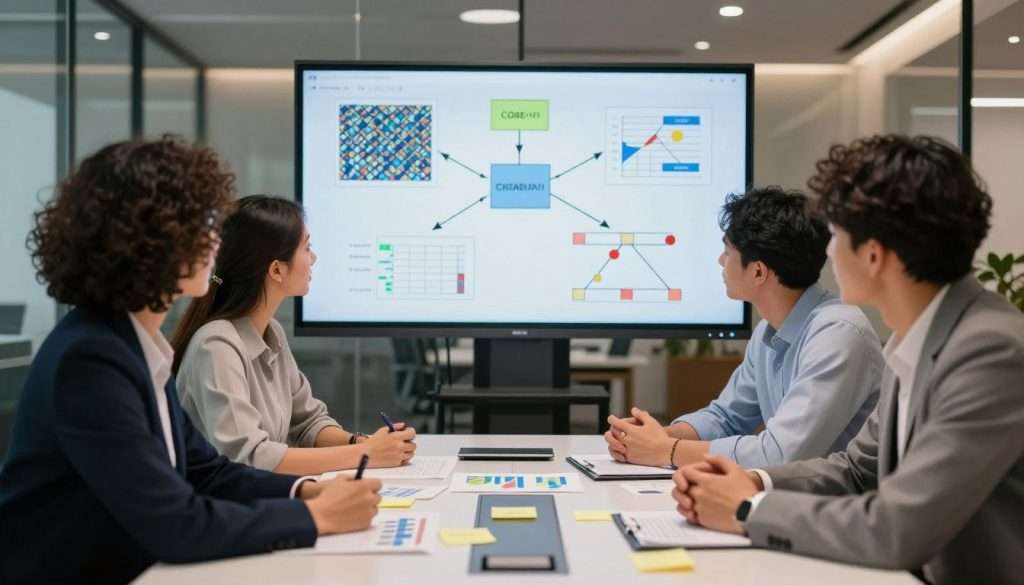 A dynamic scene depicting a diverse group of three professionals, a man and two women, engaged in a problem-solving session. In the foreground, they are seated around a sleek conference table covered with charts, graphs, and sticky notes representing data analysis. The middle ground showcases a large digital screen displaying complex patterns, cause-and-effect diagrams, and constraint charts. The background features a modern office environment with glass walls, fostering collaboration and transparency. Soft, warm lighting highlights their focused expressions, reflecting determination and teamwork. The atmosphere is energetic yet professional, showcasing an effective approach to analyzing causes and patterns in a problem-solving context. All individuals are dressed in smart business attire, contributing to the scene's professional tone. A dynamic scene depicting a diverse group of three professionals, a man and two women, engaged in a problem-solving session. In the foreground, they are seated around a sleek conference table covered with charts, graphs, and sticky notes representing data analysis. The middle ground showcases a large digital screen displaying complex patterns, cause-and-effect diagrams, and constraint charts. The background features a modern office environment with glass walls, fostering collaboration and transparency. Soft, warm lighting highlights their focused expressions, reflecting determination and teamwork. The atmosphere is energetic yet professional, showcasing an effective approach to analyzing causes and patterns in a problem-solving context. All individuals are dressed in smart business attire, contributing to the scene's professional tone.