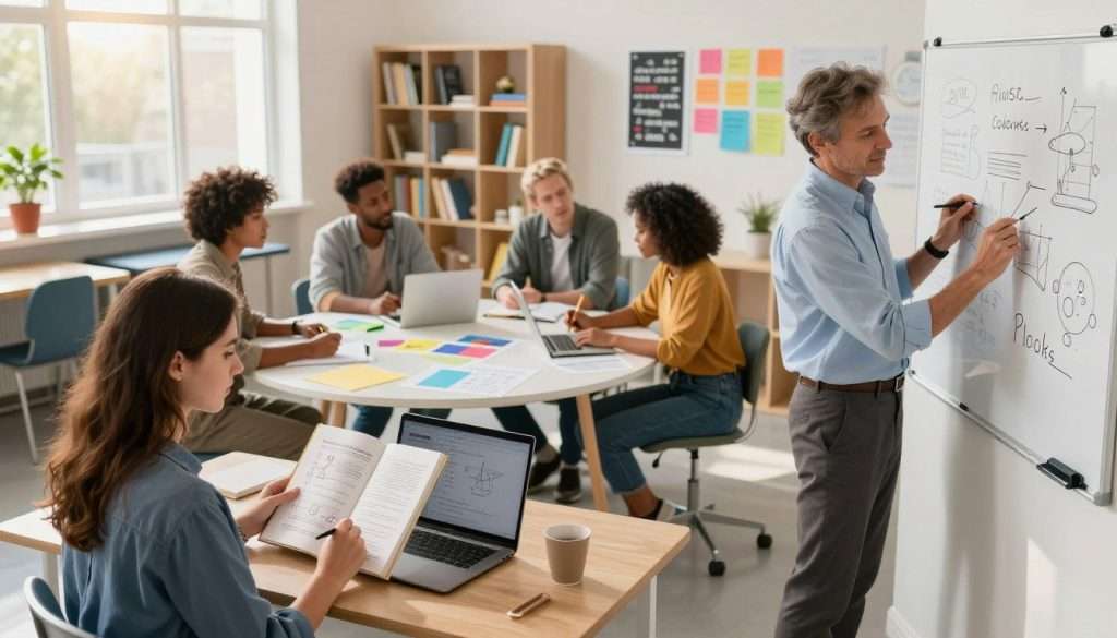 A dynamic study scene illustrating the concept of interleaving subjects, with diverse individuals engaged in a vibrant learning environment. In the foreground, a young woman in smart casual attire is studying a biology textbook while simultaneously solving a math problem on her laptop. Next to her, a middle-aged man in a professional outfit is sketching concepts on a whiteboard, blending art with science. The middle section features a round table where diverse participants collaborate, sharing ideas on various subjects, surrounded by colorful charts and notes. The background shows a bright, modern classroom filled with bookshelves, motivational posters, and natural sunlight streaming through large windows, creating an energetic and inspiring atmosphere for learning. Capture this scene with soft lighting for a warm feel, using a slightly angled perspective to enhance depth, enticing viewers to appreciate the power of interleaved learning. A dynamic study scene illustrating the concept of interleaving subjects, with diverse individuals engaged in a vibrant learning environment. In the foreground, a young woman in smart casual attire is studying a biology textbook while simultaneously solving a math problem on her laptop. Next to her, a middle-aged man in a professional outfit is sketching concepts on a whiteboard, blending art with science. The middle section features a round table where diverse participants collaborate, sharing ideas on various subjects, surrounded by colorful charts and notes. The background shows a bright, modern classroom filled with bookshelves, motivational posters, and natural sunlight streaming through large windows, creating an energetic and inspiring atmosphere for learning. Capture this scene with soft lighting for a warm feel, using a slightly angled perspective to enhance depth, enticing viewers to appreciate the power of interleaved learning.