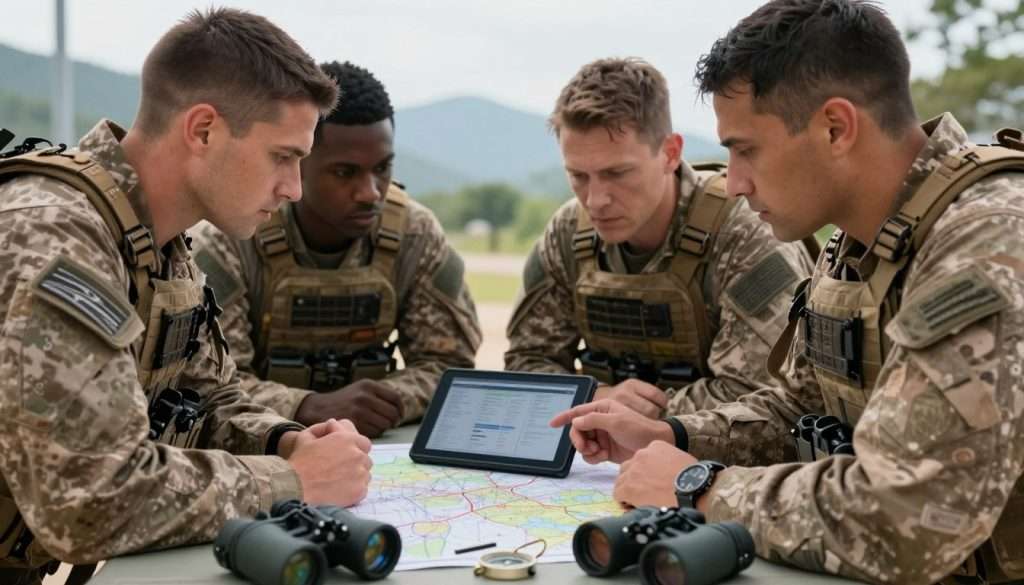 A focused Navy SEAL team assessing a complex problem in a strategic outdoor environment. In the foreground, a diverse group of three SEALs, wearing tactical gear but no visible weapons, are crouched over a digital tablet displaying data. Their expressions are intense and focused as they analyze vital information. In the middle ground, a blurred map is laid out on a tactical table, alongside several tools like compasses and binoculars, symbolizing the gathering of useful information. The background reveals a serene landscape with mountains and trees, contrasting with the high-stakes atmosphere. Utilize soft, natural lighting to emphasize problem-solving dedication and teamwork, while a shallow depth of field keeps attention on the SEALs, evoking a mood of seriousness and determination. A focused Navy SEAL team assessing a complex problem in a strategic outdoor environment. In the foreground, a diverse group of three SEALs, wearing tactical gear but no visible weapons, are crouched over a digital tablet displaying data. Their expressions are intense and focused as they analyze vital information. In the middle ground, a blurred map is laid out on a tactical table, alongside several tools like compasses and binoculars, symbolizing the gathering of useful information. The background reveals a serene landscape with mountains and trees, contrasting with the high-stakes atmosphere. Utilize soft, natural lighting to emphasize problem-solving dedication and teamwork, while a shallow depth of field keeps attention on the SEALs, evoking a mood of seriousness and determination.