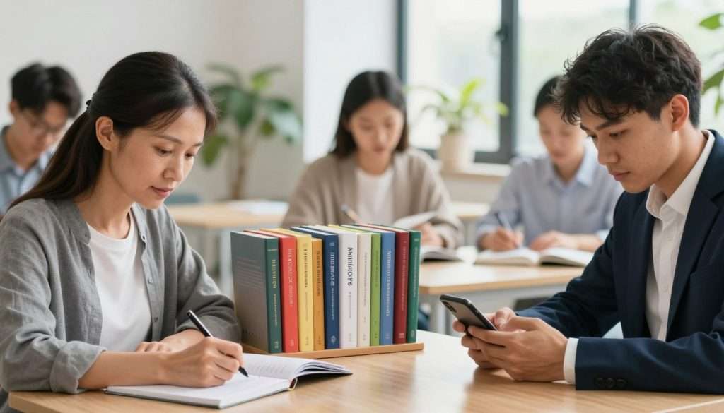 A focused and serene study environment showcasing a diverse group of individuals engaged in active learning to enhance their memory skills. In the foreground, a middle-aged woman, dressed in smart casual attire, writes notes on a notepad, while a young man in professional business attire engages with a smartphone, visualizing data. In the middle, an open bookshelf brimming with colorful books on cognitive science and memory techniques. The background features soft natural light streaming through large windows adorned with green plants, creating a calming atmosphere. Use a shallow depth of field to emphasize the subjects while softly blurring the background. Aim for a harmonious mood that inspires motivation and concentration, inviting viewers to feel the importance of memory enhancement through active engagement.