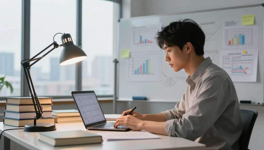 A focused individual in a modern learning environment, seated at a sleek desk, surrounded by stacks of books and a laptop displaying complex equations. The foreground features a bright desk lamp casting warm light, emphasizing the subject's expression of determination. In the middle, a whiteboard filled with colorful charts and notes reflects an evolving thought process, showcasing challenging concepts being tackled. The background reveals a large window with a scenic view of a city skyline, symbolizing growth and new horizons. Soft natural light filters in, creating a hopeful and motivational atmosphere. The individual is dressed in modest professional attire, suggesting seriousness and dedication to overcoming learning obstacles. A focused individual in a modern learning environment, seated at a sleek desk, surrounded by stacks of books and a laptop displaying complex equations. The foreground features a bright desk lamp casting warm light, emphasizing the subject's expression of determination. In the middle, a whiteboard filled with colorful charts and notes reflects an evolving thought process, showcasing challenging concepts being tackled. The background reveals a large window with a scenic view of a city skyline, symbolizing growth and new horizons. Soft natural light filters in, creating a hopeful and motivational atmosphere. The individual is dressed in modest professional attire, suggesting seriousness and dedication to overcoming learning obstacles.