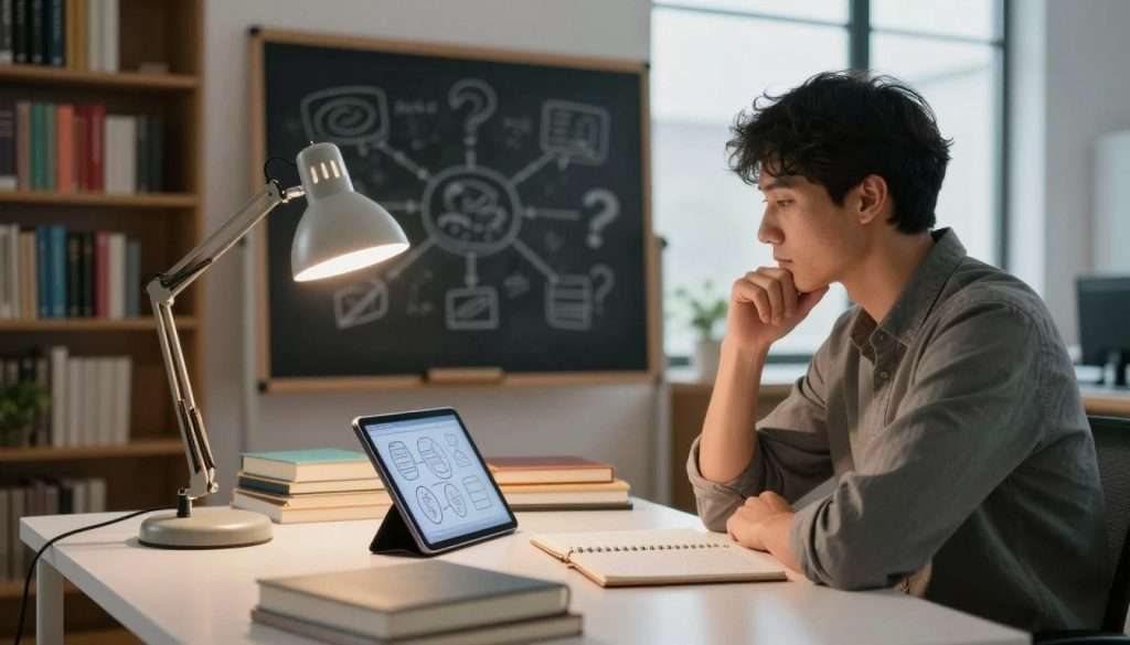 A focused individual seated at a modern desk, surrounded by organized books, notebooks, and a digital tablet displaying a complex diagram. In the foreground, a light source from a sleek desk lamp casts a warm glow, illuminating the person's thoughtful expression. The middle ground features a chalkboard filled with interconnected ideas and questions, symbolizing enhanced thinking skills. The background shows a library-like atmosphere with shelves of colorful books and a large window letting in natural light, creating a sense of openness and inspiration. The mood is contemplative and encouraging, evoking a deep desire for knowledge and self-improvement, captured from a slightly elevated angle to emphasize the workspace.