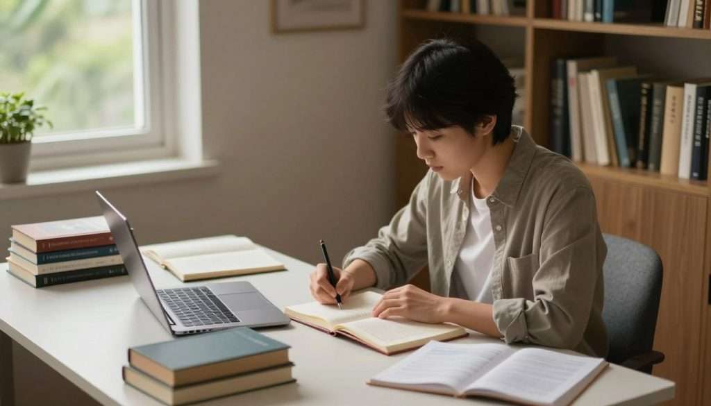 A focused individual sitting at a clean, organized desk in a cozy study room. The person, dressed in professional casual attire, is intently studying from an open notebook, surrounded by a few neatly arranged books and a laptop. Soft, warm lighting illuminates the space, filtering through a window showing a serene view of greenery outside. In the background, a bookshelf filled with more books adds depth, while a subtle plant on the desk brings a touch of nature. The atmosphere is calm and conducive to concentration, with no visual distractions present, emphasizing the importance of staying focused while learning. The camera angle is slightly above eye level, capturing the scene from a perspective that highlights both the individual’s engagement and the tranquil environment. A focused individual sitting at a clean, organized desk in a cozy study room. The person, dressed in professional casual attire, is intently studying from an open notebook, surrounded by a few neatly arranged books and a laptop. Soft, warm lighting illuminates the space, filtering through a window showing a serene view of greenery outside. In the background, a bookshelf filled with more books adds depth, while a subtle plant on the desk brings a touch of nature. The atmosphere is calm and conducive to concentration, with no visual distractions present, emphasizing the importance of staying focused while learning. The camera angle is slightly above eye level, capturing the scene from a perspective that highlights both the individual’s engagement and the tranquil environment.