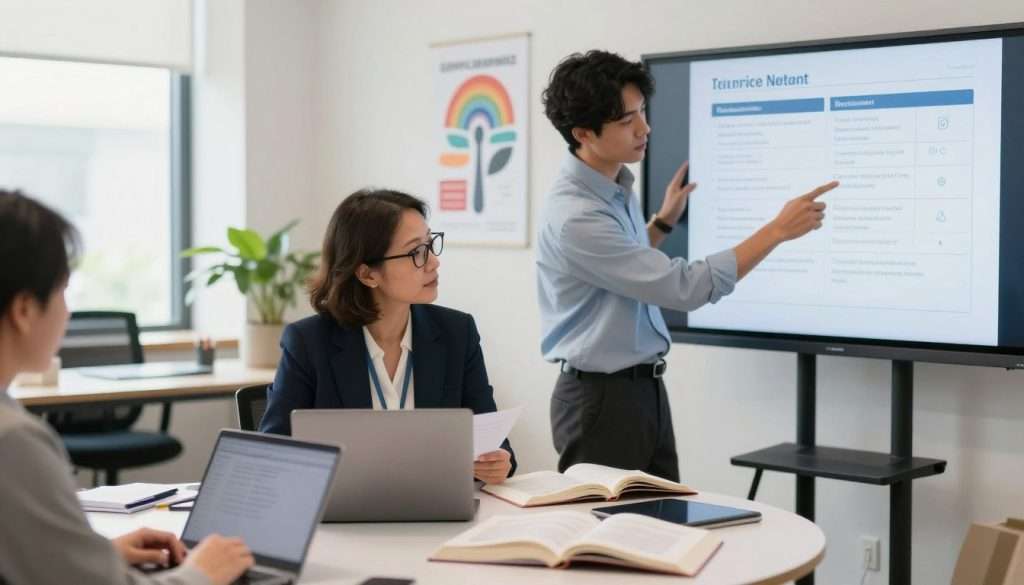 A focused scene of a diverse group of three professionals engaged in a collaborative learning environment. In the foreground, a middle-aged woman with glasses, wearing a smart blazer, reviews notes on a laptop, while a young man, dressed in a neatly tucked shirt, points at a feedback chart displayed on a large screen. The middle ground features a round table cluttered with open textbooks and digital devices, symbolizing active learning. In the background, bright natural light illuminates a modern office space with motivational posters about learning and growth. The mood is dynamic and inspiring, with an atmosphere of constructive feedback and teamwork. The composition has a slight depth of field, emphasizing the professionals’ focus while softly blurring the background.
