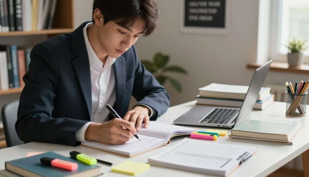 A focused student, dressed in professional business attire, sits at a well-organized desk surrounded by study materials such as textbooks, notes, and a laptop. The foreground includes a close-up of the student's thoughtful expression as they jot down notes with a pen. In the middle, various effective study tools like colorful highlighters, sticky notes, and a time management planner are placed neatly. The background features a softly lit room with bookshelves and a motivational poster on the wall, creating a tranquil yet inspiring atmosphere. Natural light filters in through a window, casting gentle shadows, enhancing the mood of concentration and diligence. The overall scene encapsulates a serene and focused environment ideal for exam preparation strategies.