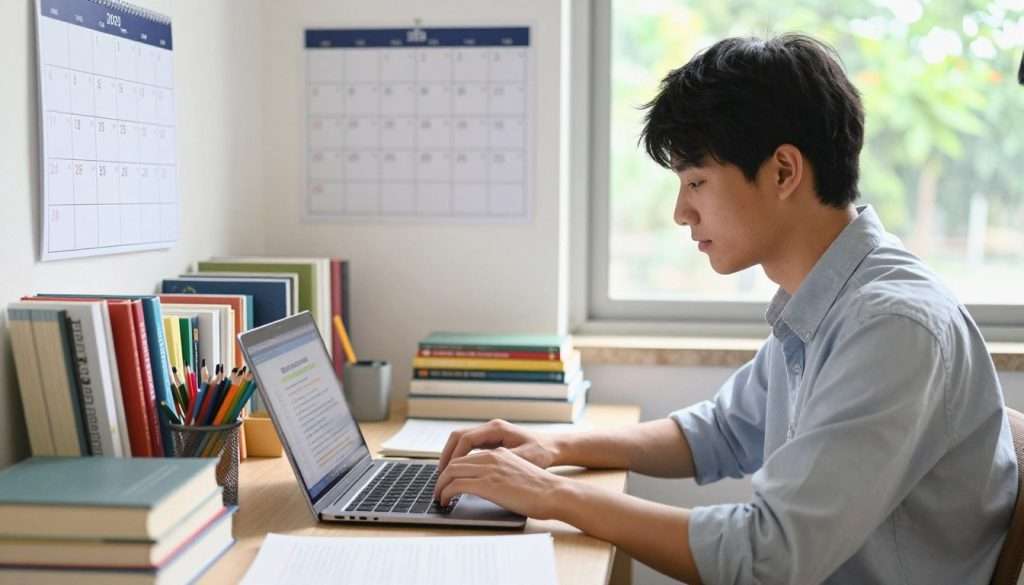 A focused student in a clutter-free study environment, surrounded by neatly organized books, colorful stationery, and a laptop displaying study materials, showcasing strategies for smarter study systems. In the foreground, the student, dressed in comfortable yet professional attire, sits at a well-lit desk with a content expression, symbolizing achievement. The middle ground features a motivational wall calendar with study goals and deadlines, emphasizing time management. In the background, a window reveals a sunny day, conveying a sense of balance between study and outdoor activities. Soft, natural lighting illuminates the scene, enhancing the positive mood and atmosphere of successful learning. The angle captures the student’s dedication, highlighting a harmonious blend of academic focus and life balance. A focused student in a clutter-free study environment, surrounded by neatly organized books, colorful stationery, and a laptop displaying study materials, showcasing strategies for smarter study systems. In the foreground, the student, dressed in comfortable yet professional attire, sits at a well-lit desk with a content expression, symbolizing achievement. The middle ground features a motivational wall calendar with study goals and deadlines, emphasizing time management. In the background, a window reveals a sunny day, conveying a sense of balance between study and outdoor activities. Soft, natural lighting illuminates the scene, enhancing the positive mood and atmosphere of successful learning. The angle captures the student’s dedication, highlighting a harmonious blend of academic focus and life balance.