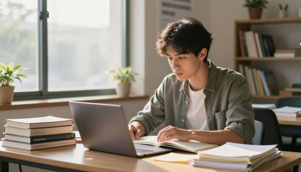A focused student in a vibrant, modern study environment, sitting at a desk cluttered with textbooks, notes, and a laptop. The student is a young adult, wearing casual but professional attire, deeply engaged in studying during the late afternoon when natural light streams in through a large window, casting soft shadows. The foreground features the student's intense expression and focused posture, while the middle ground showcases the organized chaos of study materials. In the background, a wall adorned with motivational quotes and a tidy bookshelf adds to the academic atmosphere. The lighting should be warm and inviting, creating a sense of energy and motivation. Captured from a slight angle to emphasize depth, with a soft bokeh effect that enhances the mood of concentration and productivity. A focused student in a vibrant, modern study environment, sitting at a desk cluttered with textbooks, notes, and a laptop. The student is a young adult, wearing casual but professional attire, deeply engaged in studying during the late afternoon when natural light streams in through a large window, casting soft shadows. The foreground features the student's intense expression and focused posture, while the middle ground showcases the organized chaos of study materials. In the background, a wall adorned with motivational quotes and a tidy bookshelf adds to the academic atmosphere. The lighting should be warm and inviting, creating a sense of energy and motivation. Captured from a slight angle to emphasize depth, with a soft bokeh effect that enhances the mood of concentration and productivity.