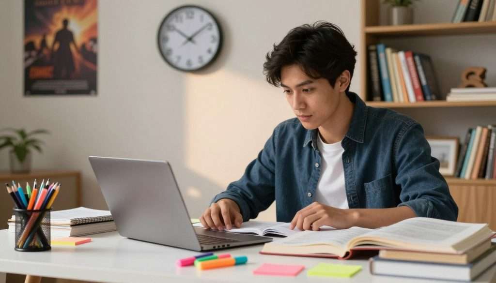 A focused student in a well-lit study room is sitting at a cluttered desk, surrounded by open textbooks, notebooks, and a laptop, deep in concentration. The foreground showcases vibrant stationery items like colorful highlighters and sticky notes, emphasizing the urgency of studying. In the middle, a wall clock ticks ominously, indicating time slipping away as the student reviews material diligently. The background features a cozy bookshelf filled with educational books and motivational posters, creating an inspiring atmosphere. Soft, warm lighting casts gentle shadows, enhancing the studious mood. The scene captures the essence of adapting study strategies just before a deadline, encouraging productivity and focus. The student is dressed in smart casual attire, adding professionalism to the relatable, engaging scene. A focused student in a well-lit study room is sitting at a cluttered desk, surrounded by open textbooks, notebooks, and a laptop, deep in concentration. The foreground showcases vibrant stationery items like colorful highlighters and sticky notes, emphasizing the urgency of studying. In the middle, a wall clock ticks ominously, indicating time slipping away as the student reviews material diligently. The background features a cozy bookshelf filled with educational books and motivational posters, creating an inspiring atmosphere. Soft, warm lighting casts gentle shadows, enhancing the studious mood. The scene captures the essence of adapting study strategies just before a deadline, encouraging productivity and focus. The student is dressed in smart casual attire, adding professionalism to the relatable, engaging scene.