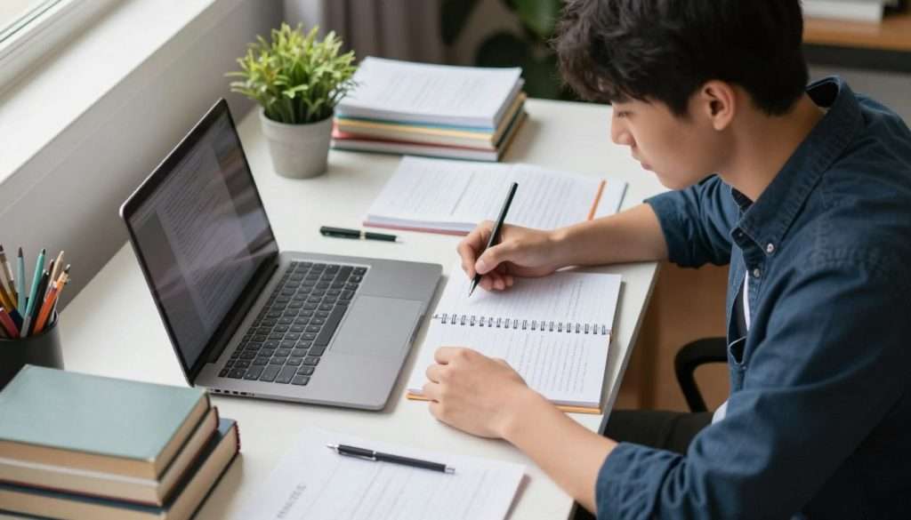 A focused student is seated at a well-organized study desk, surrounded by books, a laptop, and stationery, emphasizing effective study habits. The foreground features the student, dressed in smart casual attire, deeply engaged in research, with notes and a planner open beside them. In the middle ground, neatly arranged study materials and a small plant add a touch of nature. The background shows a focused and tidy environment, with soft, natural light filtering through a window, creating a calm atmosphere. The overall mood is one of concentration and determination, highlighting a distraction-free workspace that promotes productivity. The angle is slightly elevated, capturing the desk from above to showcase the organized layout and the student’s intense focus. A focused student is seated at a well-organized study desk, surrounded by books, a laptop, and stationery, emphasizing effective study habits. The foreground features the student, dressed in smart casual attire, deeply engaged in research, with notes and a planner open beside them. In the middle ground, neatly arranged study materials and a small plant add a touch of nature. The background shows a focused and tidy environment, with soft, natural light filtering through a window, creating a calm atmosphere. The overall mood is one of concentration and determination, highlighting a distraction-free workspace that promotes productivity. The angle is slightly elevated, capturing the desk from above to showcase the organized layout and the student’s intense focus.