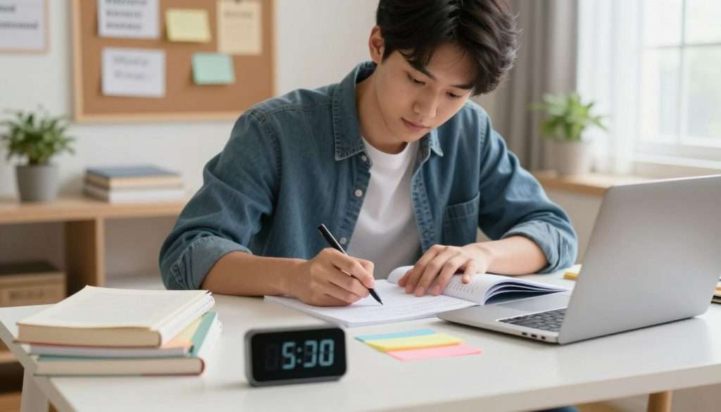 A focused student sits at a tidy desk in a cozy, well-lit room, surrounded by study materials like books, notes, and a laptop. The foreground features a digital timer showing a countdown, symbolizing efficient use of time. In the middle, the student, dressed in casual yet professional clothing, is intently highlighting notes and taking organized, colorful notes on paper, illustrating concentration. The background contains a bulletin board with motivational quotes and a potted plant, enhancing the atmosphere of a productive study environment. Soft, natural light filters through a window, creating a warm and inviting feel. The overall mood conveys determination and a sense of urgency, emphasizing the importance of maximizing every brief study session. A focused student sits at a tidy desk in a cozy, well-lit room, surrounded by study materials like books, notes, and a laptop. The foreground features a digital timer showing a countdown, symbolizing efficient use of time. In the middle, the student, dressed in casual yet professional clothing, is intently highlighting notes and taking organized, colorful notes on paper, illustrating concentration. The background contains a bulletin board with motivational quotes and a potted plant, enhancing the atmosphere of a productive study environment. Soft, natural light filters through a window, creating a warm and inviting feel. The overall mood conveys determination and a sense of urgency, emphasizing the importance of maximizing every brief study session.