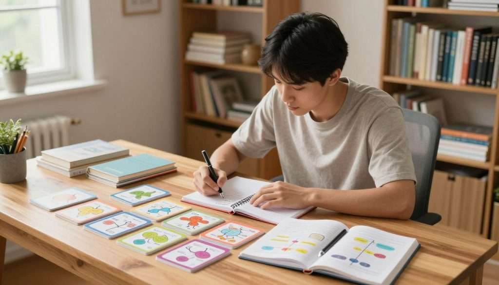 A focused student sitting at a wooden desk in a well-lit, cozy study room, surrounded by colorful flashcards and diagrams illustrating various memory techniques like mind maps and spaced repetition. The foreground features a notebook and a pen, with vibrant sketches pertaining to active recall strategies. In the middle, the student, a young adult of Asian descent, wearing modest casual attire, is engaged in reviewing their notes with a look of concentration. The background reveals bookshelves filled with textbooks and learning materials, bathed in warm, natural light filtering through a nearby window. The atmosphere is calm and productive, embodying an environment conducive to effective study habits. The angle is slightly above eye level, providing a clear view of the student’s focused expression while showcasing the organized study space. A focused student sitting at a wooden desk in a well-lit, cozy study room, surrounded by colorful flashcards and diagrams illustrating various memory techniques like mind maps and spaced repetition. The foreground features a notebook and a pen, with vibrant sketches pertaining to active recall strategies. In the middle, the student, a young adult of Asian descent, wearing modest casual attire, is engaged in reviewing their notes with a look of concentration. The background reveals bookshelves filled with textbooks and learning materials, bathed in warm, natural light filtering through a nearby window. The atmosphere is calm and productive, embodying an environment conducive to effective study habits. The angle is slightly above eye level, providing a clear view of the student’s focused expression while showcasing the organized study space.