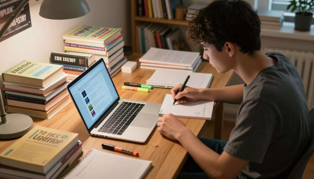 A focused student surrounded by an organized study space, featuring a large wooden desk cluttered with textbooks, notebooks, and highlighters. In the foreground, an open laptop displays flashcard software. The student, a young adult in modest casual clothing, sits attentively, jotting down notes on a notepad, their expression determined and engaged. Soft, warm lighting cascades from a nearby lamp, creating a cozy atmosphere. In the background, shelves filled with educational materials and a motivational poster enhance the academic vibe. The angle captures the scene from a slight bird's eye view, emphasizing both the study materials and the student's deep concentration. Overall, the image conveys a sense of dedication and organization in preparation for tests.