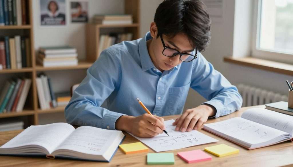 A focused student, wearing a sharp blue shirt and glasses, sits at a wooden desk cluttered with notebooks and math textbooks. They are analyzing math errors on a large piece of graph paper, pencil in hand, surrounded by colorful sticky notes and diagrams. The focus is on the student's intense expression, reflecting concentration and determination to understand their mistakes. In the background, shelves filled with academic books and inspirational posters create a studious atmosphere. The room is softly lit with natural light streaming through a nearby window, casting gentle shadows that enhance the depth of the scene. The overall mood conveys a sense of scholarly motivation and the pursuit of knowledge through active learning.
