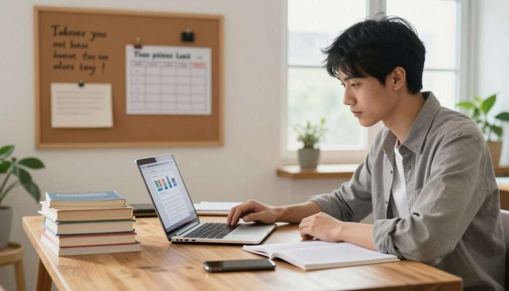 A focused study environment, featuring a neatly organized wooden desk with a stack of textbooks and a laptop open to an educational website. In the foreground, a young adult in professional casual attire sits intently studying, with a determined expression. Remove distractions by showing a smartphone turned face down and a clutter-free space. In the middle ground, a corkboard displays motivational quotes and study schedules, adding inspiration. The background reveals a cozy, well-lit room with soft natural light filtering through a window, plants in the corners, creating a serene atmosphere conducive to concentration. Capture the mood of focus and quiet determination, using a slightly blurred background to emphasize the subject. Soft, warm lighting enhances this study ambiance. A focused study environment, featuring a neatly organized wooden desk with a stack of textbooks and a laptop open to an educational website. In the foreground, a young adult in professional casual attire sits intently studying, with a determined expression. Remove distractions by showing a smartphone turned face down and a clutter-free space. In the middle ground, a corkboard displays motivational quotes and study schedules, adding inspiration. The background reveals a cozy, well-lit room with soft natural light filtering through a window, plants in the corners, creating a serene atmosphere conducive to concentration. Capture the mood of focus and quiet determination, using a slightly blurred background to emphasize the subject. Soft, warm lighting enhances this study ambiance.