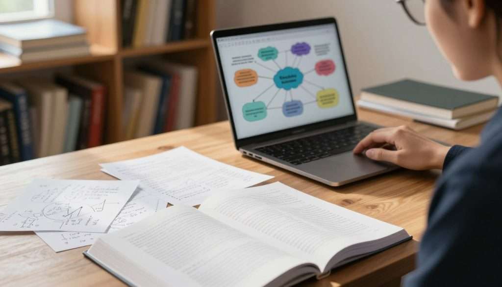 A focused study environment featuring a wooden desk scattered with small pieces of paper filled with handwritten notes and diagrams. In the foreground, an open textbook is partially visible, its pages turned to a chapter rich in information. In the middle ground, a laptop displays a vibrant digital mind map connecting various concepts and ideas. The background includes a soft-focus bookshelf filled with colorful textbooks and study materials, enhancing the academic atmosphere. Warm, natural lighting filters in from a nearby window, casting gentle shadows and creating a calm mood. A person sits engaged at the desk, wearing professional business attire, highlighting the active process of learning and information processing. The scene reflects concentration and the methodical approach of chunking information into manageable parts.