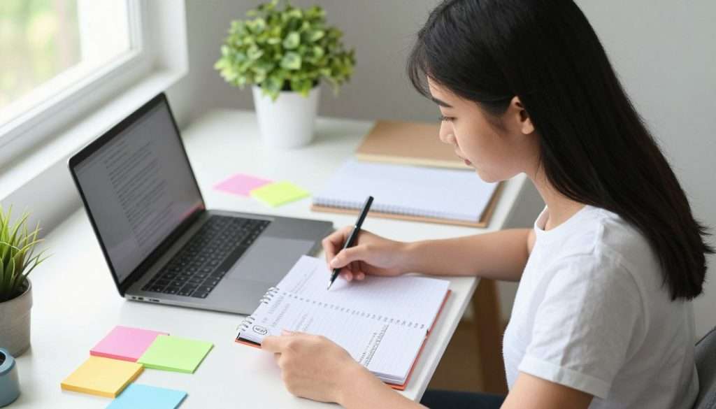 A focused study environment featuring a young Asian woman sitting at a well-organized desk, surrounded by colorful study materials and a laptop, capturing the essence of effective study methods for individuals with ADHD. In the foreground, she is seen using a planner to outline her study schedule, highlighting her routine. The middle ground includes vibrant sticky notes and a calming plant to create an encouraging atmosphere. In the background, soft, diffused natural light streams through a window, illuminating the space and creating a serene ambiance. Use a slightly elevated angle to capture the woman’s concentration and engagement with her studies, evoking a sense of motivation and productivity. Overall, the mood should be one of focus and inspiration, promoting the idea of building a strong study routine.