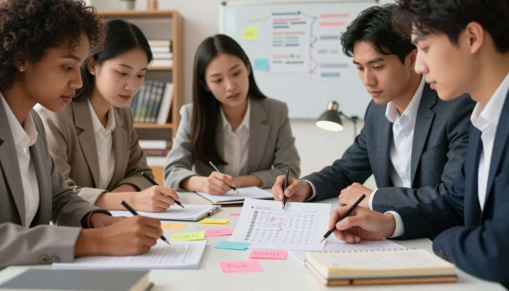 A focused study environment showcasing a diverse group of three individuals, sitting around a table, intensely analyzing a multiple-choice test. In the foreground, an open test paper with marked answers highlights the wrong options, surrounded by colorful sticky notes with specific notes on each distractor. The middle ground features two women and one man, dressed in professional business attire, pointing to their notes and discussing strategies for improvement. The background is filled with reference books and a large whiteboard illustrating concepts related to test-taking strategies. Soft, warm lighting comes from a desk lamp, creating an inviting atmosphere conducive to learning. The overall mood is collaborative and focused, emphasizing critical thinking and analysis. A focused study environment showcasing a diverse group of three individuals, sitting around a table, intensely analyzing a multiple-choice test. In the foreground, an open test paper with marked answers highlights the wrong options, surrounded by colorful sticky notes with specific notes on each distractor. The middle ground features two women and one man, dressed in professional business attire, pointing to their notes and discussing strategies for improvement. The background is filled with reference books and a large whiteboard illustrating concepts related to test-taking strategies. Soft, warm lighting comes from a desk lamp, creating an inviting atmosphere conducive to learning. The overall mood is collaborative and focused, emphasizing critical thinking and analysis.