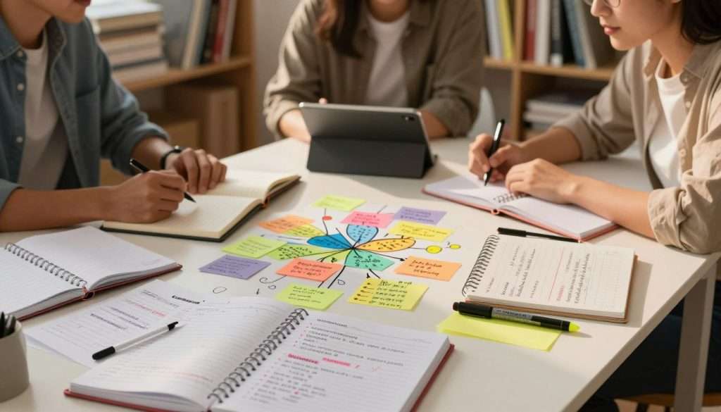 A focused study environment showcasing diverse note-taking strategies. In the foreground, a neatly organized desk with a strategic layout of ledgers filled with Cornell notes, scattered colorful mind maps, and bullet points created with vibrant highlighters. The middle ground features a group of three individuals in modest casual clothing, engaged in discussion while using tablets and notebooks, surrounded by visual representations of various note-taking methods. The background includes a softly lit bookshelf filled with educational resources, creating a serene atmosphere conducive to learning. The warm lighting casts gentle shadows, emphasizing the collaborative spirit of effective note-taking. The overall mood is inspiring and intellectually stimulating, encouraging viewers to explore different strategies.