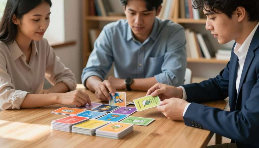 A focused study scene featuring a diverse group of three individuals sitting around a wooden table, actively engaging with a set of colorful flashcards. In the foreground, a neatly organized stack of flashcards in vibrant colors, emphasizing various subjects like languages and science. The middle ground showcases the individuals: one woman in a smart blouse, one man in a casual button-up shirt, and another person in business attire, all appearing concentrated and exchanging ideas. The background includes softly blurred shelves filled with books, to create an academic atmosphere. Warm, natural lighting filters through a window, casting gentle shadows for a cozy, inviting mood. The overall composition conveys a sense of collaboration and effective study. A focused study scene featuring a diverse group of three individuals sitting around a wooden table, actively engaging with a set of colorful flashcards. In the foreground, a neatly organized stack of flashcards in vibrant colors, emphasizing various subjects like languages and science. The middle ground showcases the individuals: one woman in a smart blouse, one man in a casual button-up shirt, and another person in business attire, all appearing concentrated and exchanging ideas. The background includes softly blurred shelves filled with books, to create an academic atmosphere. Warm, natural lighting filters through a window, casting gentle shadows for a cozy, inviting mood. The overall composition conveys a sense of collaboration and effective study.