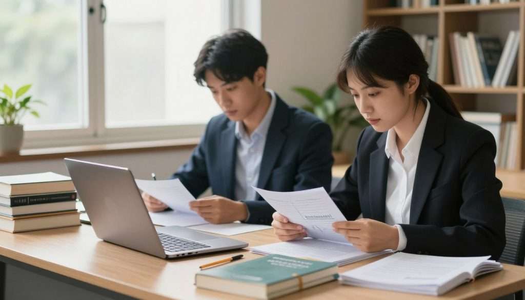 A focused study scene featuring two individuals working at a shared desk, each engaged in their respective subjects. The foreground shows one person with a laptop open, surrounded by textbooks and stationery related to science, while the other is examining notes and charts related to literature. Both subjects are dressed in professional business attire, conveying a serious yet collaborative atmosphere. In the middle ground, a large window bathes the scene in soft, natural light, creating a warm and inviting ambiance. The background reveals a bookshelf filled with study materials and plants, providing a lively yet organized environment. The composition should capture a sense of balance and productivity, emphasizing the idea of seamlessly switching between subjects while maintaining focus and momentum. A focused study scene featuring two individuals working at a shared desk, each engaged in their respective subjects. The foreground shows one person with a laptop open, surrounded by textbooks and stationery related to science, while the other is examining notes and charts related to literature. Both subjects are dressed in professional business attire, conveying a serious yet collaborative atmosphere. In the middle ground, a large window bathes the scene in soft, natural light, creating a warm and inviting ambiance. The background reveals a bookshelf filled with study materials and plants, providing a lively yet organized environment. The composition should capture a sense of balance and productivity, emphasizing the idea of seamlessly switching between subjects while maintaining focus and momentum.