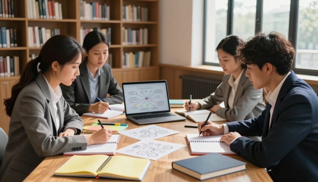 A focused study scene illustrating the concept of improved retention through effective note-taking. In the foreground, a diverse group of four individuals, each dressed in professional business attire, is engaged in a collaborative study session around a large wooden table. They are surrounded by an array of colorful notebooks, highlighters, and textbooks, visually depicting organized notes and diagrams. In the middle ground, a laptop is open, displaying a mind map highlighting key concepts. The background features a well-lit library setting with shelves filled with books, providing a warm and inviting atmosphere. Sunlight filters through large windows, casting soft shadows and enhancing the feeling of productivity. The overall mood is focused and inspiring, emphasizing collaboration and effective learning strategies. A focused study scene illustrating the concept of improved retention through effective note-taking. In the foreground, a diverse group of four individuals, each dressed in professional business attire, is engaged in a collaborative study session around a large wooden table. They are surrounded by an array of colorful notebooks, highlighters, and textbooks, visually depicting organized notes and diagrams. In the middle ground, a laptop is open, displaying a mind map highlighting key concepts. The background features a well-lit library setting with shelves filled with books, providing a warm and inviting atmosphere. Sunlight filters through large windows, casting soft shadows and enhancing the feeling of productivity. The overall mood is focused and inspiring, emphasizing collaboration and effective learning strategies.