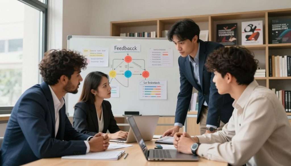 A focused study scene in a modern learning environment, showcasing individuals engaged in deliberate practice. In the foreground, a diverse group of three professionals—one man in a smart blazer, one woman in a professional dress, and a young adult in smart casual attire—are gathered around a table, intensely discussing strategies. The middle layer features a whiteboard filled with colorful diagrams and charts illustrating learning techniques like spaced repetition and feedback loops. The background shows shelves filled with books and motivational posters. Soft, natural light floods the room through large windows, casting gentle shadows. The mood is energetic and collaborative, embodying determination and focus as they refine their skills. The angle captures a dynamic view, emphasizing the sense of teamwork and purpose in their learning process.