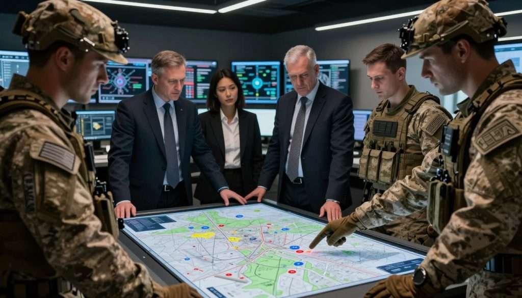 A focused team of Navy SEALs in tactical gear, standing around a high-tech digital map spread across a table, analyzing new information. The foreground features a close-up of a SEAL pointing at a specific point on the map, showcasing determination and adaptability. In the middle, other team members, dressed in professional business attire, exchange ideas, their expressions tense yet concentrated, illuminated by soft, focused lighting to emphasize their concentration. The background reveals a dimly lit, modern command center filled with monitors displaying strategic data and visualizations. The atmosphere is one of urgency and teamwork, underscoring the importance of quick adaptability in problem-solving amidst dynamic circumstances. The image captures a moment of collaboration and determination in a high-stakes environment. A focused team of Navy SEALs in tactical gear, standing around a high-tech digital map spread across a table, analyzing new information. The foreground features a close-up of a SEAL pointing at a specific point on the map, showcasing determination and adaptability. In the middle, other team members, dressed in professional business attire, exchange ideas, their expressions tense yet concentrated, illuminated by soft, focused lighting to emphasize their concentration. The background reveals a dimly lit, modern command center filled with monitors displaying strategic data and visualizations. The atmosphere is one of urgency and teamwork, underscoring the importance of quick adaptability in problem-solving amidst dynamic circumstances. The image captures a moment of collaboration and determination in a high-stakes environment.