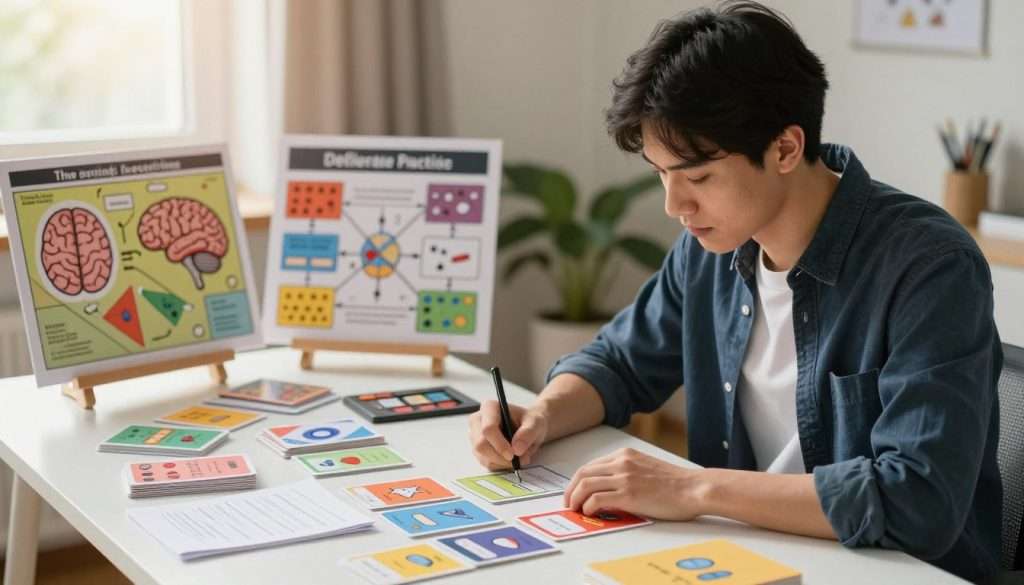 A focused young adult seated at a tidy desk, immersed in memory training techniques, surrounded by an array of colorful flashcards and notes. The foreground features the individual, dressed in smart casual attire, attentively studying with a look of determination. In the middle ground, various brain-training exhibits like colorful memory maps, puzzles, and interconnected diagrams showcase different memory techniques. The background reveals a serene study environment with soft lighting, perhaps a window with gentle sunlight streaming in, enhancing concentration. The atmosphere is motivational and conducive to learning, emphasizing interleaving and deliberate practice, as if capturing a moment of deep focus and intellectual engagement. Use a warm color palette and a slight depth of field to bring out the subject.