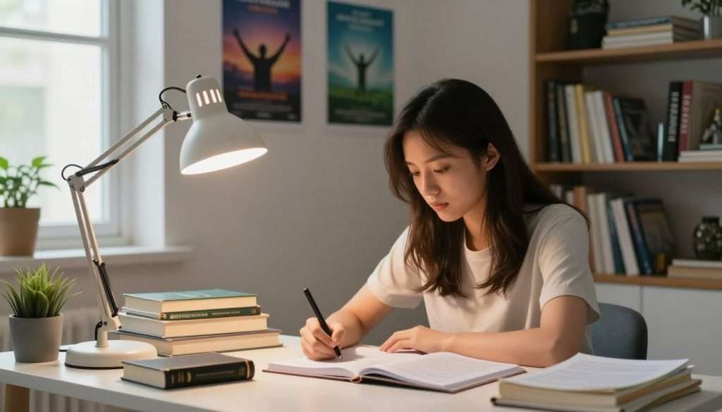 A focused young woman sits at a desk cluttered with books and notes, visibly determined as she studies, surrounded by a serene home office environment. In the foreground, a bright desk lamp illuminates her workspace, casting a warm glow and highlighting her concentration. In the middle ground, motivational posters adorn the walls, featuring imagery of success and growth, reflecting her aspirations. The background shows a cozy bookshelf filled with educational resources, with a window letting in soft, natural light, enhancing the atmosphere of inspiration. The scene evokes a sense of perseverance and clarity, capturing the essence of breaking through mental and environmental obstacles in the learning journey. The overall tone is uplifting and encouraging, suggesting progress and determination. A focused young woman sits at a desk cluttered with books and notes, visibly determined as she studies, surrounded by a serene home office environment. In the foreground, a bright desk lamp illuminates her workspace, casting a warm glow and highlighting her concentration. In the middle ground, motivational posters adorn the walls, featuring imagery of success and growth, reflecting her aspirations. The background shows a cozy bookshelf filled with educational resources, with a window letting in soft, natural light, enhancing the atmosphere of inspiration. The scene evokes a sense of perseverance and clarity, capturing the essence of breaking through mental and environmental obstacles in the learning journey. The overall tone is uplifting and encouraging, suggesting progress and determination.