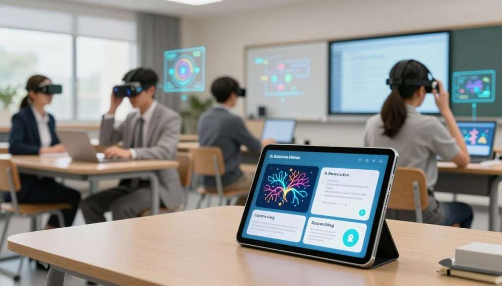 A futuristic classroom setting filled with innovative automated learning tools. In the foreground, a sleek tablet displays interactive memory and review modules, with colorful graphics of neural networks and data flow. The middle ground features diverse students engaged in learning, using augmented reality headsets to visualize concepts, all wearing professional business attire. The background shows modern educational technology, like digital whiteboards and holographic displays, set in a bright and inviting environment. Soft, natural lighting filters in through large windows, creating a warm and inspiring atmosphere that encourages exploration and creativity in learning. The scene embodies the synergy between technology and education, illustrating AI's role in enhancing memory and long-term retention. A futuristic classroom setting filled with innovative automated learning tools. In the foreground, a sleek tablet displays interactive memory and review modules, with colorful graphics of neural networks and data flow. The middle ground features diverse students engaged in learning, using augmented reality headsets to visualize concepts, all wearing professional business attire. The background shows modern educational technology, like digital whiteboards and holographic displays, set in a bright and inviting environment. Soft, natural lighting filters in through large windows, creating a warm and inspiring atmosphere that encourages exploration and creativity in learning. The scene embodies the synergy between technology and education, illustrating AI's role in enhancing memory and long-term retention.