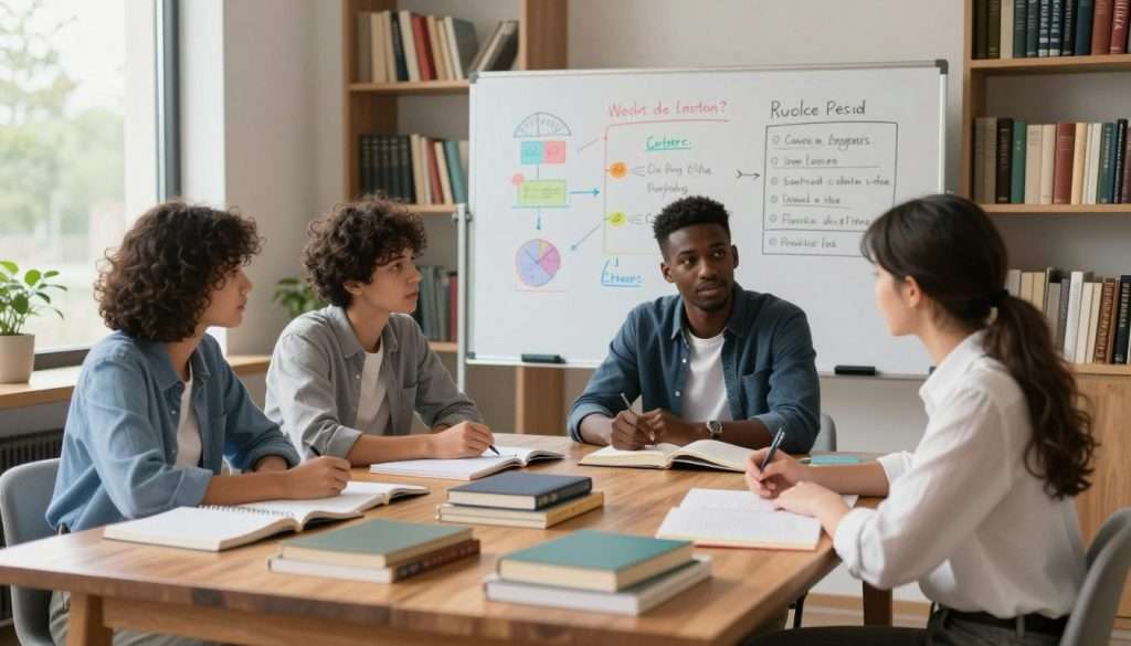 A light-filled study room depicting a variety of effective study techniques. In the foreground, a diverse group of three students, dressed in smart casual attire, are engaged in discussions around a large wooden table cluttered with textbooks, notebooks, and study materials. In the middle ground, a whiteboard filled with colorful diagrams and a study plan outlining various testing methods provides a visual representation of adaptive learning techniques. The background features shelves lined with books and a window revealing a serene outdoor view, allowing soft, natural light to illuminate the scene. The atmosphere is focused and collaborative, conveying a sense of motivation and productivity, with a slight blur effect on the background to emphasize the students’ engagement in their study strategies. A light-filled study room depicting a variety of effective study techniques. In the foreground, a diverse group of three students, dressed in smart casual attire, are engaged in discussions around a large wooden table cluttered with textbooks, notebooks, and study materials. In the middle ground, a whiteboard filled with colorful diagrams and a study plan outlining various testing methods provides a visual representation of adaptive learning techniques. The background features shelves lined with books and a window revealing a serene outdoor view, allowing soft, natural light to illuminate the scene. The atmosphere is focused and collaborative, conveying a sense of motivation and productivity, with a slight blur effect on the background to emphasize the students’ engagement in their study strategies.