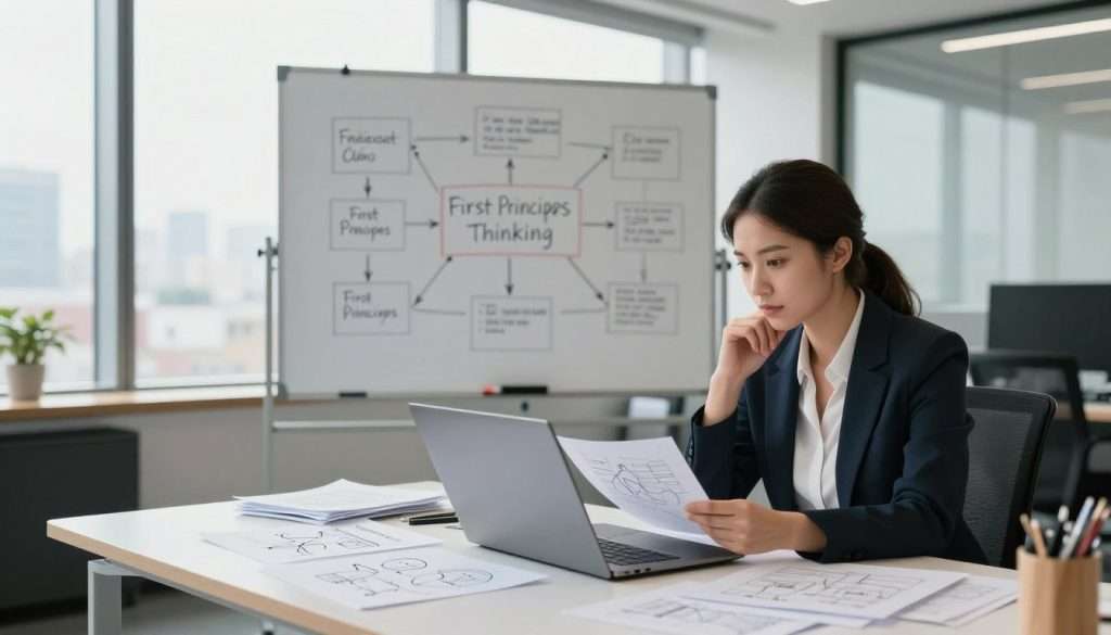 A modern, bright office environment in the foreground, featuring a professional woman in smart business attire, deeply focused on solving a problem. She is seated at a sleek desk cluttered with papers and a laptop, immersed in thought, surrounded by sketches and diagrams showcasing ideas and flowcharts. In the middle ground, a whiteboard displays a mind map with arrows and notes, illustrating the step-by-step approach of First Principles Thinking. The background features large windows letting in natural light, with a cityscape view that conveys a sense of innovation and progress. The atmosphere is motivational and focused, with a subtle hint of urgency highlighted by warm lighting that creates a productive environment. The composition should have a slight overhead angle to emphasize the workspace and the subject's engagement. A modern, bright office environment in the foreground, featuring a professional woman in smart business attire, deeply focused on solving a problem. She is seated at a sleek desk cluttered with papers and a laptop, immersed in thought, surrounded by sketches and diagrams showcasing ideas and flowcharts. In the middle ground, a whiteboard displays a mind map with arrows and notes, illustrating the step-by-step approach of First Principles Thinking. The background features large windows letting in natural light, with a cityscape view that conveys a sense of innovation and progress. The atmosphere is motivational and focused, with a subtle hint of urgency highlighted by warm lighting that creates a productive environment. The composition should have a slight overhead angle to emphasize the workspace and the subject's engagement.