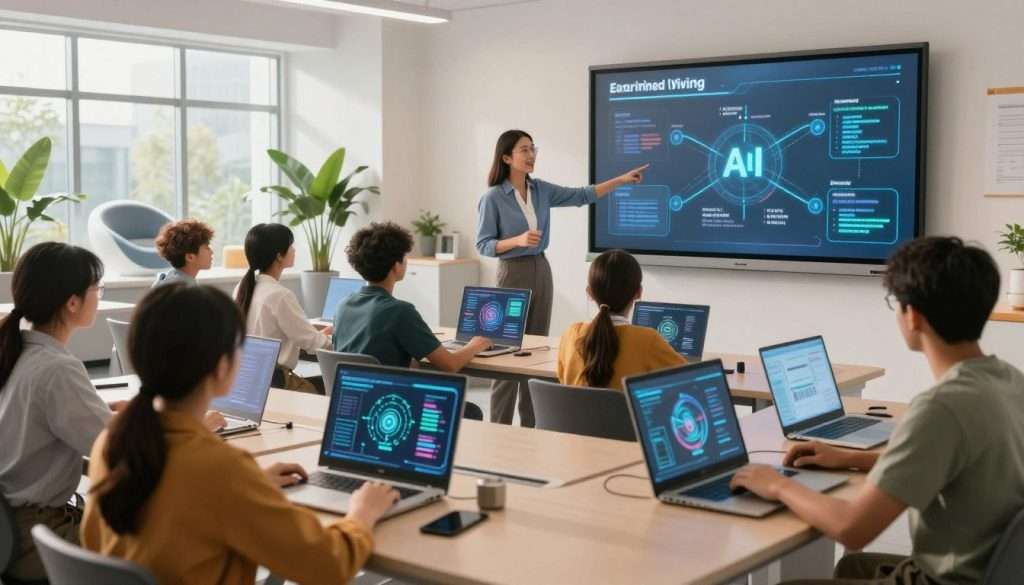 A modern classroom scene showcasing AI-assisted learning. In the foreground, a diverse group of students, dressed in smart casual clothing, engage with interactive digital devices that display holographic elements representing data and algorithms. In the middle ground, a teacher, in professional attire, guides students while pointing to a large, wall-mounted screen that visualizes AI insights and personalized learning pathways. The background features a bright, open space with futuristic furniture and green plants, creating a welcoming atmosphere. Soft, natural lighting pours in through large windows, casting a warm glow over the scene. The mood is collaborative and innovative, emphasizing the integration of technology in creating a sustainable learning system. The perspective is slightly low-angle to highlight the enthusiastic engagement of the students and the dynamic interaction with AI. A modern classroom scene showcasing AI-assisted learning. In the foreground, a diverse group of students, dressed in smart casual clothing, engage with interactive digital devices that display holographic elements representing data and algorithms. In the middle ground, a teacher, in professional attire, guides students while pointing to a large, wall-mounted screen that visualizes AI insights and personalized learning pathways. The background features a bright, open space with futuristic furniture and green plants, creating a welcoming atmosphere. Soft, natural lighting pours in through large windows, casting a warm glow over the scene. The mood is collaborative and innovative, emphasizing the integration of technology in creating a sustainable learning system. The perspective is slightly low-angle to highlight the enthusiastic engagement of the students and the dynamic interaction with AI.