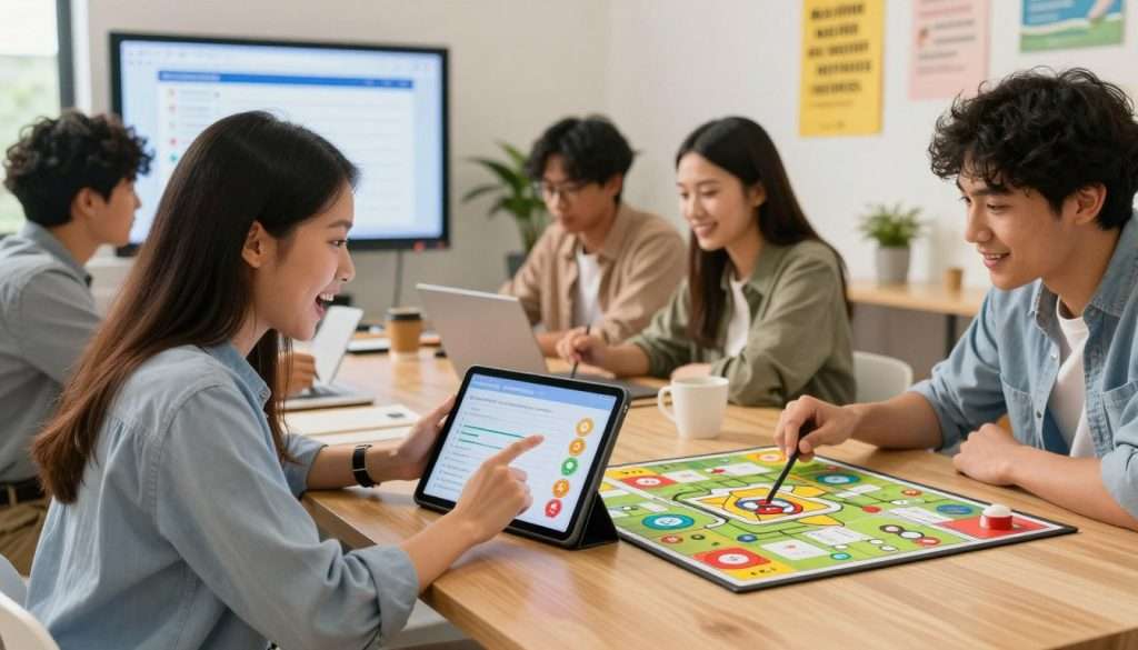 A modern study environment featuring a diverse group of students engaged in gamified learning activities. In the foreground, a young woman in smart casual attire is enthusiastically interacting with a digital tablet displaying progress charts and achievement badges, her expression reflecting excitement and focus. To her right, a young man analyzes a colorful board game on the table that incorporates study elements, while a group in the middle background collaborates on a large screen displaying interactive quizzes. Warm, natural lighting bathes the scene, with plants and motivational posters enhancing the atmosphere of productivity and enthusiasm. The angle captures the dynamic energy of the group, emphasizing a supportive community that celebrates improvement and feedback.