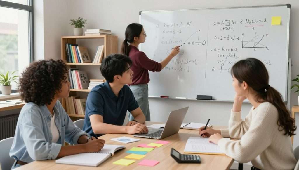 A modern study space that illustrates effective math study techniques. In the foreground, a diverse group of three students—one Black female in modest casual clothing, one Asian male in a smart polo, and a White female in a neat sweater—collaborate over a table scattered with notebooks, calculators, and colorful sticky notes. In the middle ground, a whiteboard covered with math problems and diagrams captures their attention as they discuss strategies. The background features a shelf filled with math-related books and a large window letting in soft, natural light, creating a warm and inviting atmosphere. The scene has a focused and productive mood, suggesting strategic thinking and collaboration in learning math concepts. Use a slightly elevated angle to convey a sense of engagement and purpose without distraction. A modern study space that illustrates effective math study techniques. In the foreground, a diverse group of three students—one Black female in modest casual clothing, one Asian male in a smart polo, and a White female in a neat sweater—collaborate over a table scattered with notebooks, calculators, and colorful sticky notes. In the middle ground, a whiteboard covered with math problems and diagrams captures their attention as they discuss strategies. The background features a shelf filled with math-related books and a large window letting in soft, natural light, creating a warm and inviting atmosphere. The scene has a focused and productive mood, suggesting strategic thinking and collaboration in learning math concepts. Use a slightly elevated angle to convey a sense of engagement and purpose without distraction.