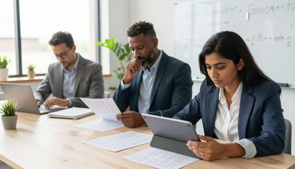 A modern workspace featuring a diverse group of three professionals engaging in mental math exercises. In the foreground, a South Asian woman in smart casual attire is solving math problems on a sleek tablet, her expression focused and determined. Next to her, a middle-aged Black man in a business suit is reviewing numerical puzzles on printed sheets, with a thoughtful look. In the background, a bright, airy office is filled with large windows allowing natural light to flood in, plants for a touch of greenery, and a whiteboard filled with mathematical formulas. The atmosphere is energized and collaborative, embodying a sense of productivity and cognitive challenge. The shot is taken from a slightly elevated angle, capturing both concentration and teamwork.
