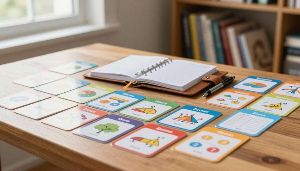 A neatly organized set of colorful flashcards spread out on a wooden study desk, focusing on various subjects like math, language, and science. The foreground showcases the vibrant flashcards, each with distinct illustrations and icons symbolizing their respective topics. In the middle, a leather-bound planner and pens are intentionally placed next to the flashcards, indicating a study moment in progress. The background features soft natural lighting filtering through a nearby window, creating a warm and inviting atmosphere. A blurred bookshelf filled with academic books and materials adds depth to the scene, enhancing the focus on effective learning tools. The overall mood is focused, organized, and conducive to studying, inviting the viewer to engage with the material in a meaningful way. A neatly organized set of colorful flashcards spread out on a wooden study desk, focusing on various subjects like math, language, and science. The foreground showcases the vibrant flashcards, each with distinct illustrations and icons symbolizing their respective topics. In the middle, a leather-bound planner and pens are intentionally placed next to the flashcards, indicating a study moment in progress. The background features soft natural lighting filtering through a nearby window, creating a warm and inviting atmosphere. A blurred bookshelf filled with academic books and materials adds depth to the scene, enhancing the focus on effective learning tools. The overall mood is focused, organized, and conducive to studying, inviting the viewer to engage with the material in a meaningful way.