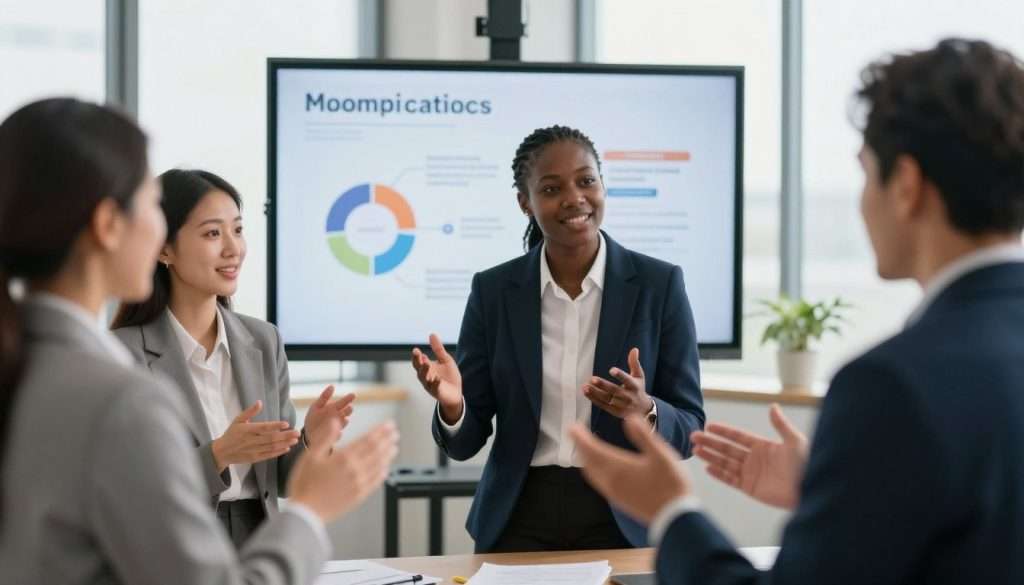 A professional and engaging scene depicting persuasive communication methods in a business setting. In the foreground, a diverse group of three individuals—one woman of Asian descent, one Black man, and one Middle-Eastern woman—are actively engaged in a dynamic discussion, showcasing body language that conveys confidence and openness, all dressed in smart business attire. In the middle ground, a large presentation screen displays key ideas and strategies in soft focus, emphasizing the collaborative nature of effective communication. The background includes a modern office environment with large windows allowing natural light to fill the space, enhancing the warm and inviting atmosphere. The overall mood is focused and inspiring, encouraging positivity and constructive dialogue. The angle captures both the human interactions and the ideas being exchanged, inviting the viewer into the scene. A professional and engaging scene depicting persuasive communication methods in a business setting. In the foreground, a diverse group of three individuals—one woman of Asian descent, one Black man, and one Middle-Eastern woman—are actively engaged in a dynamic discussion, showcasing body language that conveys confidence and openness, all dressed in smart business attire. In the middle ground, a large presentation screen displays key ideas and strategies in soft focus, emphasizing the collaborative nature of effective communication. The background includes a modern office environment with large windows allowing natural light to fill the space, enhancing the warm and inviting atmosphere. The overall mood is focused and inspiring, encouraging positivity and constructive dialogue. The angle captures both the human interactions and the ideas being exchanged, inviting the viewer into the scene.
