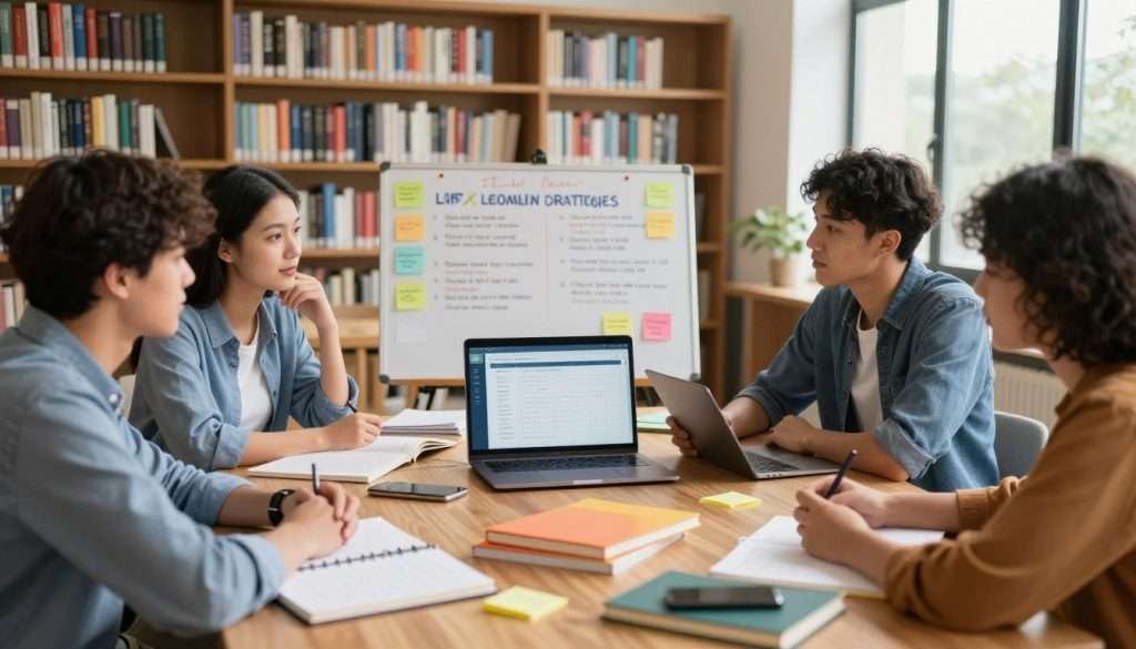 A professional study environment showcasing effective learning strategies. In the foreground, a diverse group of three students, all dressed in business casual attire, are engaged in vibrant discussions around a large wooden table filled with colorful study materials, notebooks, and digital devices. The middle layer features an open laptop displaying an organized digital study plan, alongside sticky notes and a vision board outlining their personal goals for learning. In the background, a well-lit library with tall shelves filled with books creates an inviting atmosphere, soft sunlight streaming through large windows. The image conveys a mood of motivation and collaboration, emphasizing personalized study methods that make learning enjoyable. Soft, natural lighting accentuates the learning environment, with a focus on clarity and warmth, evoking a sense of inspiration and dedication. A professional study environment showcasing effective learning strategies. In the foreground, a diverse group of three students, all dressed in business casual attire, are engaged in vibrant discussions around a large wooden table filled with colorful study materials, notebooks, and digital devices. The middle layer features an open laptop displaying an organized digital study plan, alongside sticky notes and a vision board outlining their personal goals for learning. In the background, a well-lit library with tall shelves filled with books creates an inviting atmosphere, soft sunlight streaming through large windows. The image conveys a mood of motivation and collaboration, emphasizing personalized study methods that make learning enjoyable. Soft, natural lighting accentuates the learning environment, with a focus on clarity and warmth, evoking a sense of inspiration and dedication.