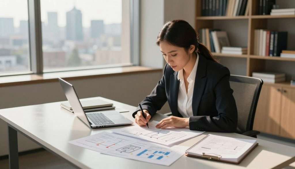 A professional woman in business attire, deeply focused on solving a complex problem, sits at a sleek, modern desk cluttered with notes, charts, and a laptop. In the foreground, a notepad shows a structured step-by-step process with bullet points and diagrams. In the middle ground, a large window reveals a city skyline bathed in warm, afternoon light, casting dynamic shadows across the room. The background features shelves filled with books on logic and critical thinking, enhancing the atmosphere of intellectual pursuit and problem-solving. The overall mood is motivational and empowering, inspiring a sense of determination and clarity. The scene is captured from a slightly elevated angle, emphasizing both the character’s engagement with the problem and the organized chaos of her workspace.