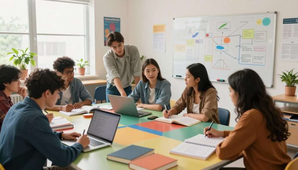 A scene depicting student engagement activities in a bright and inviting study room. In the foreground, diverse students of various ethnic backgrounds are gathered around a large, colorful study table, enthusiastically collaborating with books, laptops, and study materials scattered around. Some are actively discussing ideas, while others are writing notes. The middle ground features a whiteboard filled with colorful diagrams and charts, symbolizing a structured study plan. In the background, large windows allow natural light to flood the room, creating a warm and motivating atmosphere. Potted plants add a touch of greenery, and motivational posters are subtly hung on the walls. The image should have a cheerful and focused mood, captured with a wide-angle lens to emphasize the collaborative spirit and engaging environment.