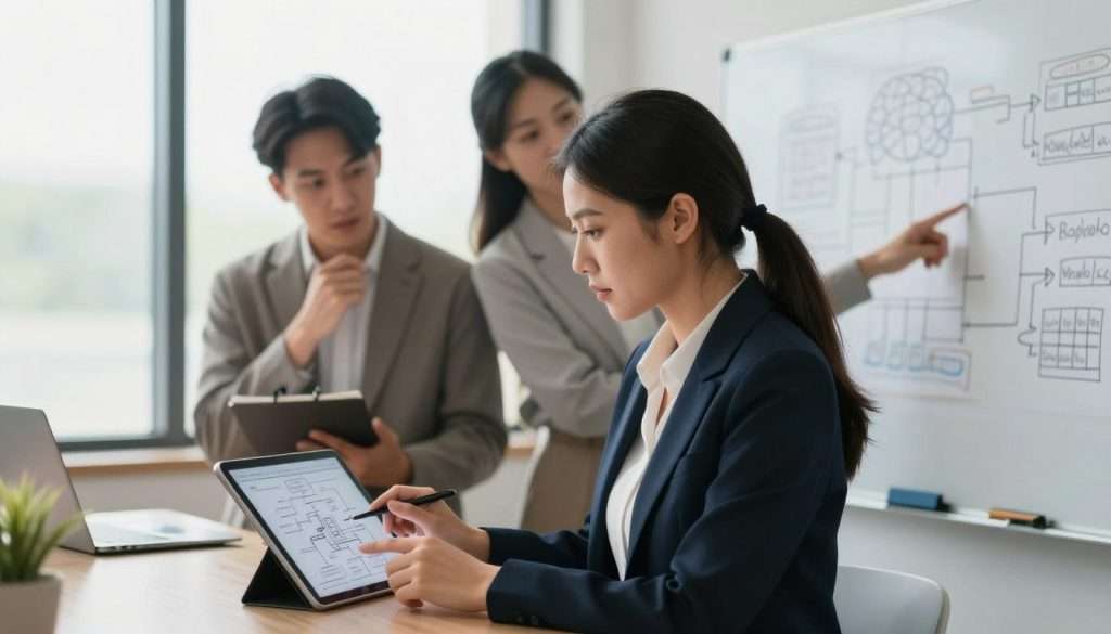 A serene and focused office environment showcasing a diverse group of three professionals engaged in critical thinking strategies. In the foreground, a confident woman in a smart business suit analyzes a complex flowchart on a digital tablet, while a man in a casual blazer discusses ideas with a notepad in hand. A third individual, also dressed in professional attire, points at a whiteboard filled with diagrams and mind maps, symbolizing systematic decision-making. The background features large windows allowing soft, natural light to illuminate the space, enhancing a productive atmosphere. Use a shallow depth of field on the foreground subjects to create a sense of intimacy and focus on their collaborative effort. The mood is one of determination and clarity, ideal for illustrating effective decision-making techniques. A serene and focused office environment showcasing a diverse group of three professionals engaged in critical thinking strategies. In the foreground, a confident woman in a smart business suit analyzes a complex flowchart on a digital tablet, while a man in a casual blazer discusses ideas with a notepad in hand. A third individual, also dressed in professional attire, points at a whiteboard filled with diagrams and mind maps, symbolizing systematic decision-making. The background features large windows allowing soft, natural light to illuminate the space, enhancing a productive atmosphere. Use a shallow depth of field on the foreground subjects to create a sense of intimacy and focus on their collaborative effort. The mood is one of determination and clarity, ideal for illustrating effective decision-making techniques.