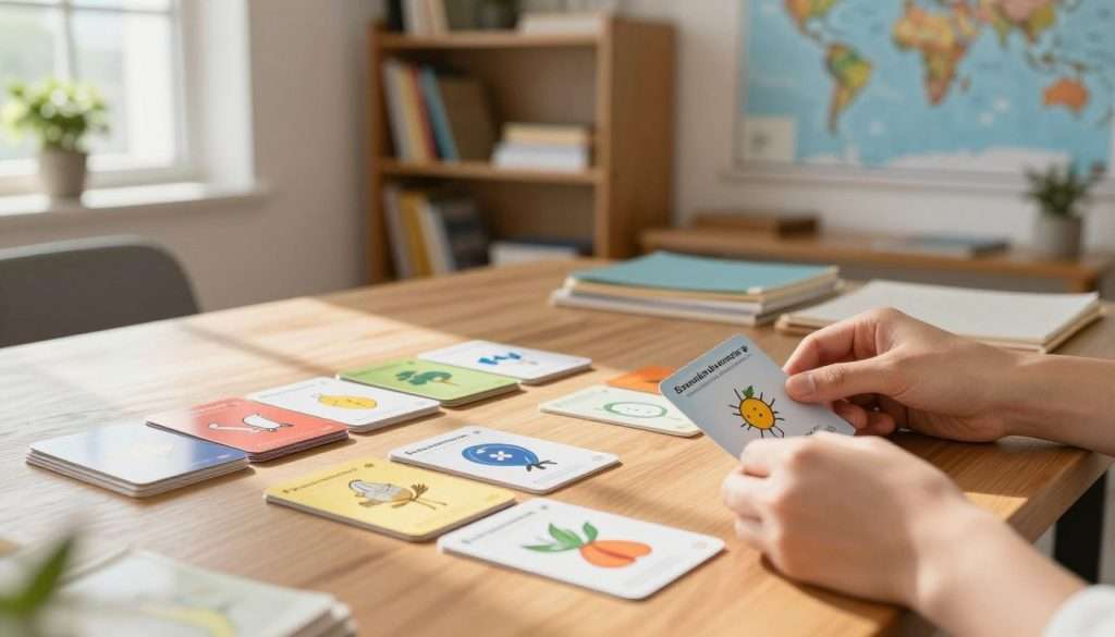 A serene and focused study environment where a pair of hands is skillfully organizing colorful, labeled cards into distinct groups on a wooden desk. In the foreground, a close-up of the hands displays a diverse array of cards, each with a unique visual element symbolizing different concepts. The middle ground features a well-lit bookshelf filled with books and study materials, creating a scholarly atmosphere. Soft, natural light streams in from a nearby window, casting gentle shadows to enhance the ambience. The background includes a potted plant and a world map, representing exploration and knowledge. The mood is calm and productive, inviting viewers to feel inspired about improving their memory skills through organization.