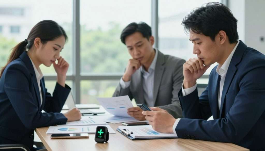 A serene and focused workspace featuring a diverse group of three professionals, two men and one woman, all dressed in smart business attire. In the foreground, a desk cluttered with tools for measuring stress and cognitive performance, such as a digital stress tracker and a notebook filled with charts. In the middle ground, the individuals are discussing and analyzing data, showcasing expressions of concentration and contemplation. The background features a large window with soft, natural light streaming in, creating an atmosphere of clarity and focus. The colors are calming, with shades of blue and green dominating the scene, symbolizing tranquility amidst the pressures of stress. The composition should have a slightly angled perspective, enhancing depth, while the lighting should evoke a sense of empowerment and awareness of cognitive health. A serene and focused workspace featuring a diverse group of three professionals, two men and one woman, all dressed in smart business attire. In the foreground, a desk cluttered with tools for measuring stress and cognitive performance, such as a digital stress tracker and a notebook filled with charts. In the middle ground, the individuals are discussing and analyzing data, showcasing expressions of concentration and contemplation. The background features a large window with soft, natural light streaming in, creating an atmosphere of clarity and focus. The colors are calming, with shades of blue and green dominating the scene, symbolizing tranquility amidst the pressures of stress. The composition should have a slightly angled perspective, enhancing depth, while the lighting should evoke a sense of empowerment and awareness of cognitive health.