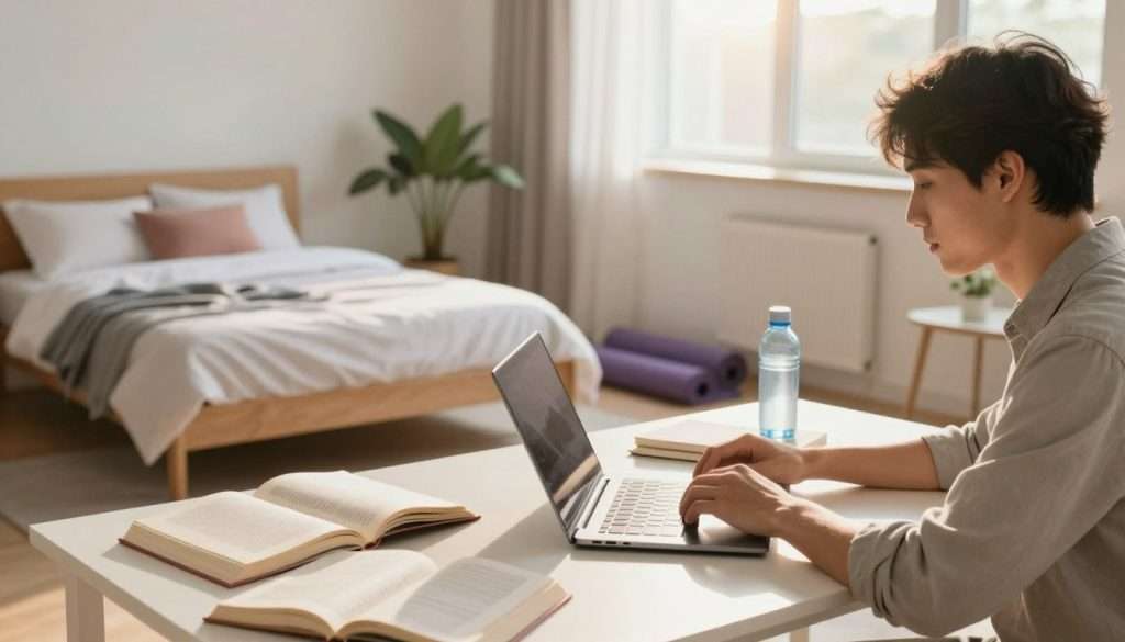 A serene and inspiring study environment that encapsulates optimal learning practices. In the foreground, a focused individual in casual yet professional attire sits at a tidy desk, surrounded by open books and a laptop, symbolizing active learning. In the middle ground, elements representing sleep, exercise, and recovery are incorporated: a cozy bed with soft pillows, a yoga mat beside an indoor plant, and a water bottle, indicating hydration and refreshment. The background features sunlight streaming through a window, enhancing the mood with a warm glow, illuminating the space with a sense of tranquility and motivation. Soft shadows add depth, while the overall atmosphere is peaceful and encouraging, promoting a holistic approach to learning and well-being.