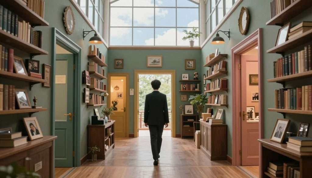 A serene and inviting memory palace, showcasing a visually rich and organized interior. In the foreground, a focused individual in professional attire walks along an elaborately decorated corridor filled with symbolic objects representing memories—books, photographs, and memorabilia. In the middle, various doorways lead to different themed rooms, each designed with distinct color palettes and lighting to signify different aspects of memory recall. The background features a vast, open sky through large windows, casting soft, natural light throughout the space. The atmosphere reflects tranquility and inspiration, encouraging mental exploration and visualization. Utilize a soft focus effect to enhance the dreamlike quality of the scene, with warm light illuminating the path ahead.