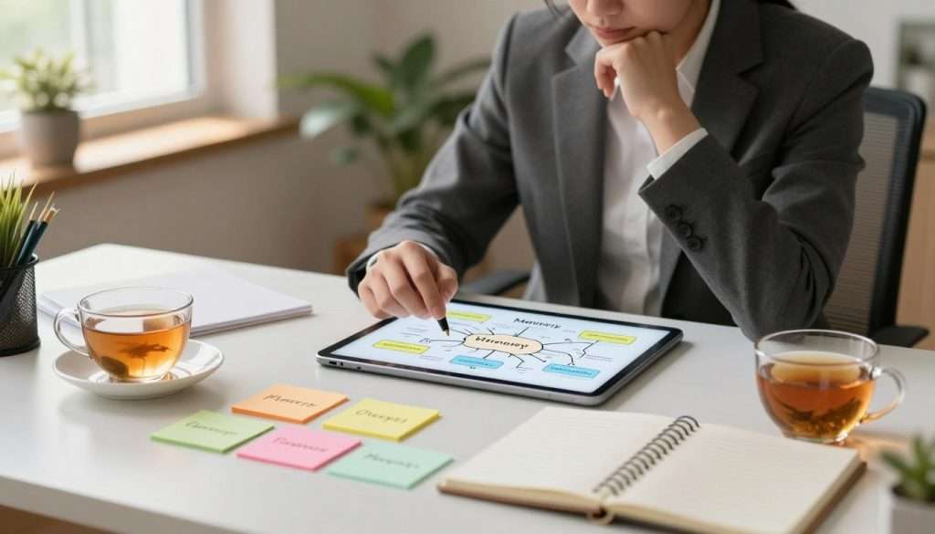 A serene and inviting workspace scene focusing on memory retention strategies during stressful days. In the foreground, a well-organized desk features colorful sticky notes with memory techniques written on them, alongside a notepad and a calming cup of herbal tea. The middle ground showcases a person in professional business attire, sitting comfortably with a thoughtful expression, actively engaging with a mind map displayed on a digital tablet. The background includes soft, warm lighting from a window, casting gentle shadows and illuminating a potted plant, which symbolizes growth and focus. The overall atmosphere is calm yet productive, with a sense of clarity and organization, reflecting strategies that enhance memory retention amidst stress. A serene and inviting workspace scene focusing on memory retention strategies during stressful days. In the foreground, a well-organized desk features colorful sticky notes with memory techniques written on them, alongside a notepad and a calming cup of herbal tea. The middle ground showcases a person in professional business attire, sitting comfortably with a thoughtful expression, actively engaging with a mind map displayed on a digital tablet. The background includes soft, warm lighting from a window, casting gentle shadows and illuminating a potted plant, which symbolizes growth and focus. The overall atmosphere is calm yet productive, with a sense of clarity and organization, reflecting strategies that enhance memory retention amidst stress.