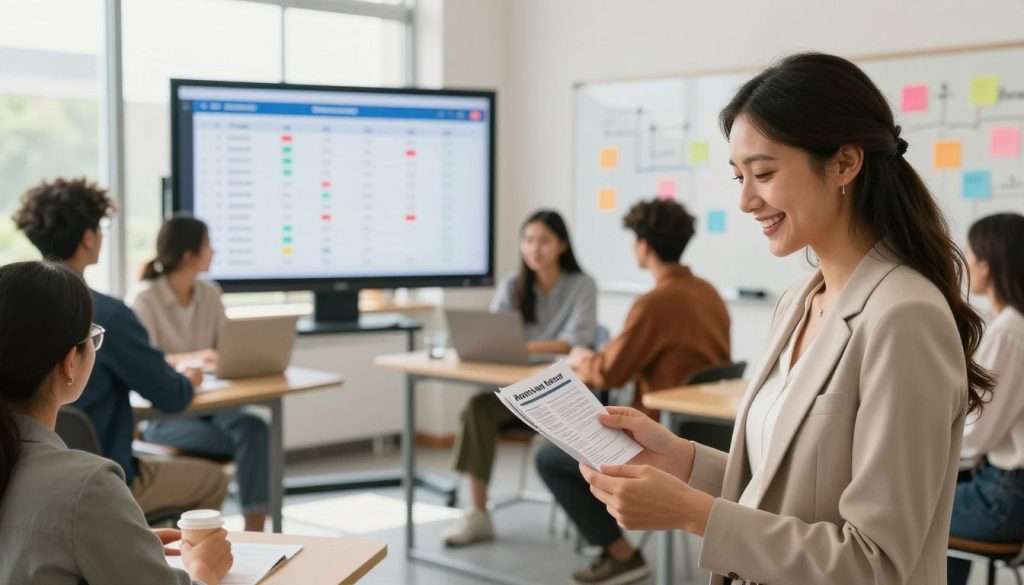 A serene and modern learning environment featuring a diverse group of individuals engaged in a dynamic and collaborative learning process. In the foreground, a professional woman in business attire smiles while reviewing flashcards, illustrating active recall. The middle ground showcases a large touchscreen displaying spaced repetition algorithms and learning schedules, surrounded by focused learners in modest casual clothing. In the background, bright natural light streams through large windows, illuminating a whiteboard filled with colorful notes and diagrams related to learning methods. The composition conveys an atmosphere of motivation and innovation, emphasizing teamwork and the integration of technology into education. Soft, warm lighting enhances the inviting ambiance, and a slight depth of field blurs the background to keep the focus on the learners' engagement. A serene and modern learning environment featuring a diverse group of individuals engaged in a dynamic and collaborative learning process. In the foreground, a professional woman in business attire smiles while reviewing flashcards, illustrating active recall. The middle ground showcases a large touchscreen displaying spaced repetition algorithms and learning schedules, surrounded by focused learners in modest casual clothing. In the background, bright natural light streams through large windows, illuminating a whiteboard filled with colorful notes and diagrams related to learning methods. The composition conveys an atmosphere of motivation and innovation, emphasizing teamwork and the integration of technology into education. Soft, warm lighting enhances the inviting ambiance, and a slight depth of field blurs the background to keep the focus on the learners' engagement.