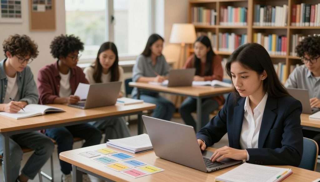 A serene and organized study environment featuring a diverse group of students engaging with various subjects, such as math, language, and science. In the foreground, a focused young woman in professional attire studies with a laptop, surrounded by neatly labeled flashcards, representing spaced repetition. In the middle ground, a diverse group of students discuss concepts energetically, exchanging notes and using digital devices. The background shows a cozy library setting with warm, inviting lighting, bookshelves filled with colorful textbooks, and a large window letting in soft, natural light. The atmosphere is uplifting and inspiring, portraying a collaborative learning experience where spaced repetition techniques are visibly applied. The image captures a moment of enthusiasm and concentration among learners, emphasizing their commitment to mastering knowledge. A serene and organized study environment featuring a diverse group of students engaging with various subjects, such as math, language, and science. In the foreground, a focused young woman in professional attire studies with a laptop, surrounded by neatly labeled flashcards, representing spaced repetition. In the middle ground, a diverse group of students discuss concepts energetically, exchanging notes and using digital devices. The background shows a cozy library setting with warm, inviting lighting, bookshelves filled with colorful textbooks, and a large window letting in soft, natural light. The atmosphere is uplifting and inspiring, portraying a collaborative learning experience where spaced repetition techniques are visibly applied. The image captures a moment of enthusiasm and concentration among learners, emphasizing their commitment to mastering knowledge.